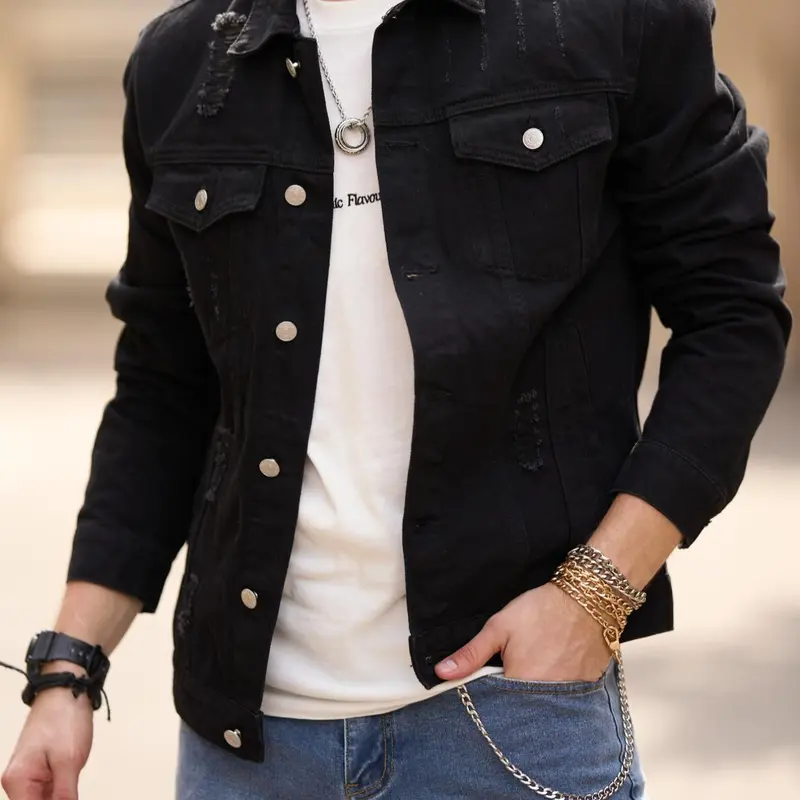 Men's Solid Color Classic Ripped Denim Jacket, Casual Fashion Comfy Regular Fit Jean Coat for Daily Outdoor Wear, Menswear for All Seasons