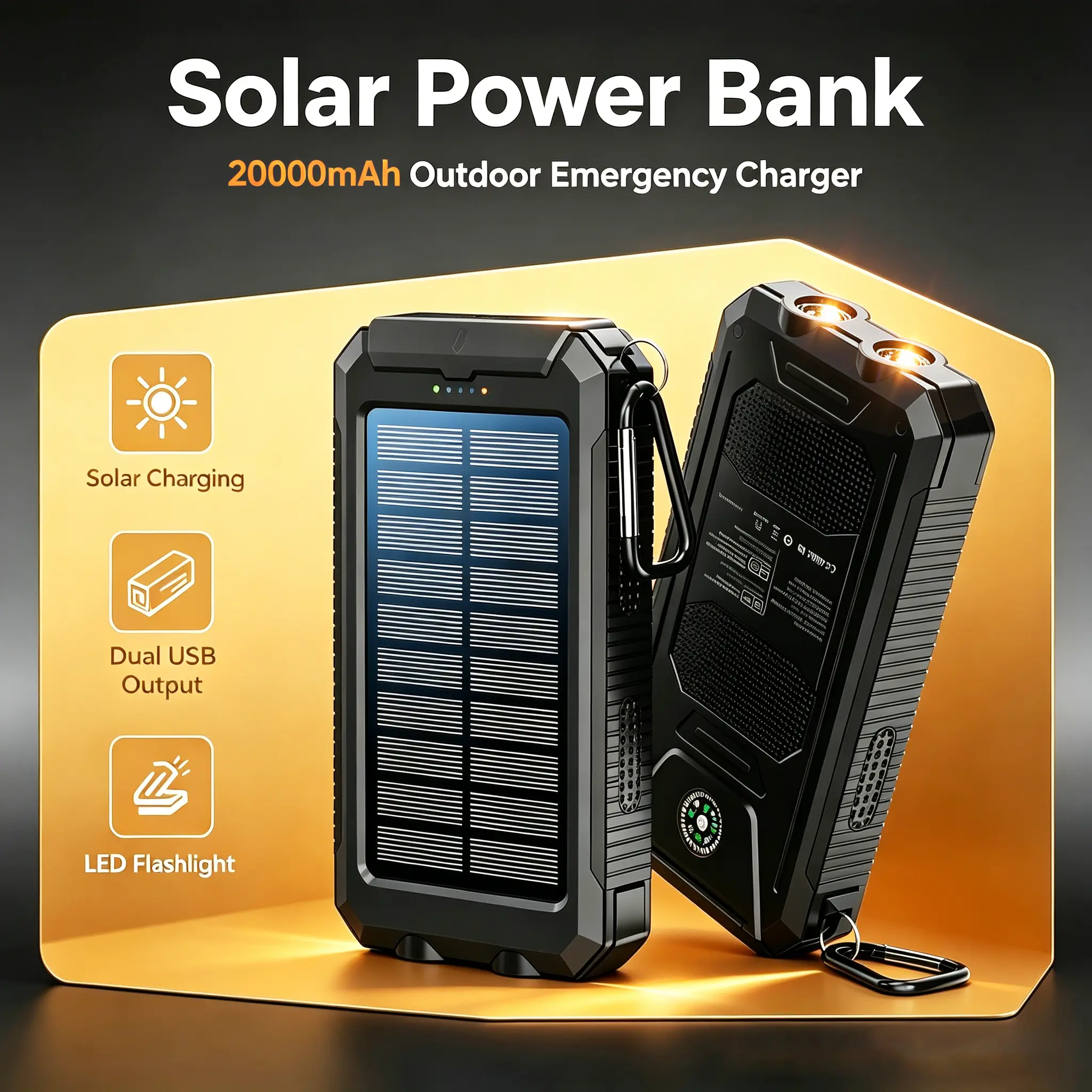 Solar Outdoor Power Bank Gift, 20000mAh Large Capacity, Fast Charging Dual USB Ports, Built-In Flashlight, Waterproof, Shockproof, With Compass