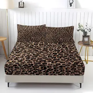 3 Pcs Gilded Brown-Black Spot Leopard Print Fitted Sheet Set, 1 Fitted Sheet & 2 Pillowcases (no filler), Gilded Leopard Pattern, Decorative Bedsheet Sets, Fits Bedroom/Homestay/Dorm Decor, Ideal for Luxury Texture Fans/Students/Families/Holiday Gifters