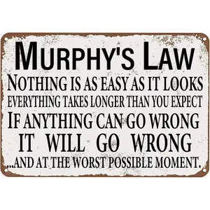 Murphy's Laws Vintage Tin Sign,Nothing is As Easy As it Looks Everything Takes Longer Than You Expect Funny Wall Art Tin Painting for Home Kitchen Bar Pub Man Cafe Decor 12x8 Inch