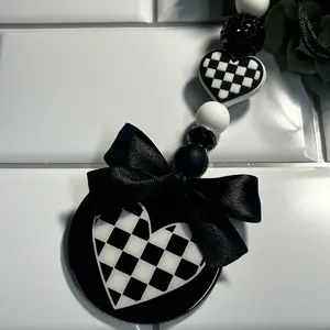 Candidly Car Charm - Checkered Heart Accessories with 2.5 Inch Resin Coated Acrylic Circle Charm and Silicone Beads
