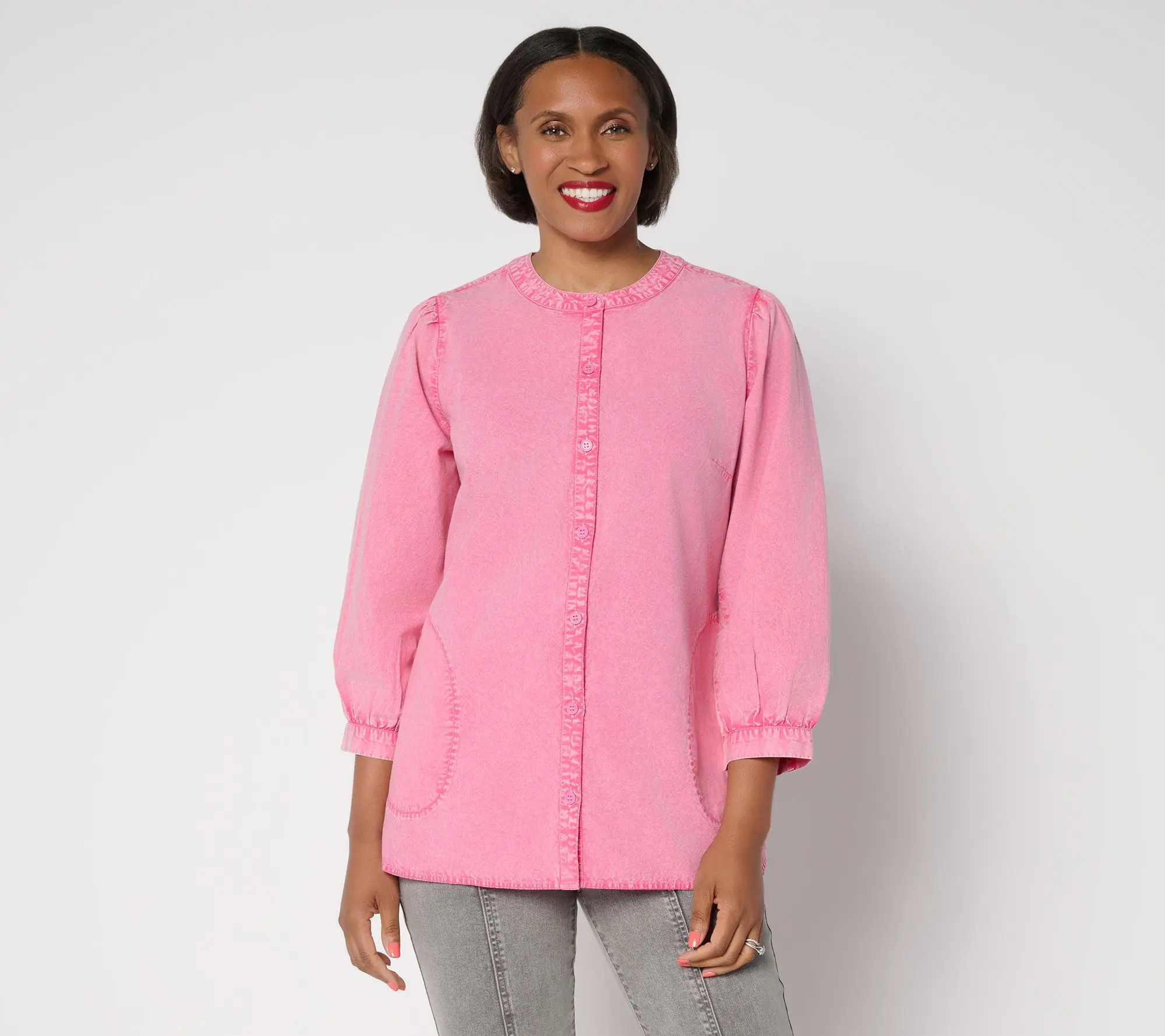 LOGO by Lori Goldstein Button Front 100% Cotton Washed Shirt