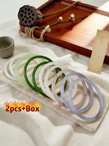 Chinese Style Ding Dang Jade Tie Dye Pattern High Quality Bracelet Set with Gift Box, 2 Piece Jewelry, Perfect for Blessing and Memorial Collection, Size 62mm