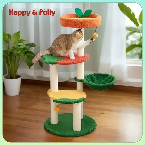 Happy & Polly 40.6in Rustic Fruit Shapes Freestanding Cat Tree - Particle Board Kitten Condo, 12lb Capacity, Multi-Levels, Hammock, Vertical Scratcher, Interactive Hanging Ball, Non-Slip, Encourages Play, Play & Sleep, No Assembly Required for Home Use