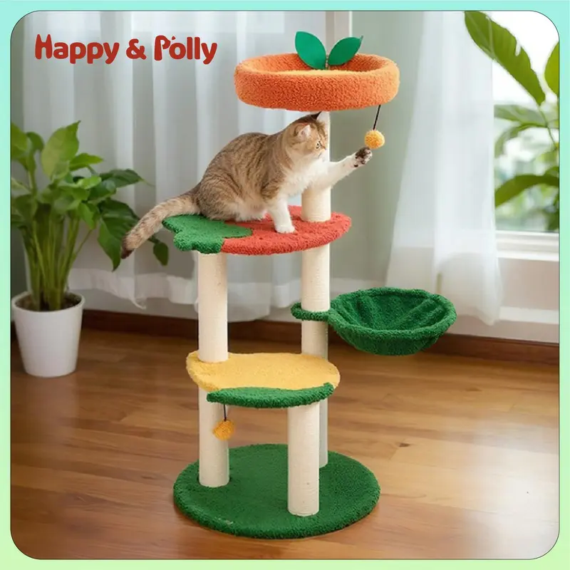 Happy & Polly 40.6in Rustic Fruit Shapes Freestanding Cat Tree - Particle Board Kitten Condo, 12lb Capacity, Multi-Levels, Hammock, Vertical Scratcher, Interactive Hanging Ball, Non-Slip, Encourages Play, Play & Sleep, No Assembly Required for Home Use,fa