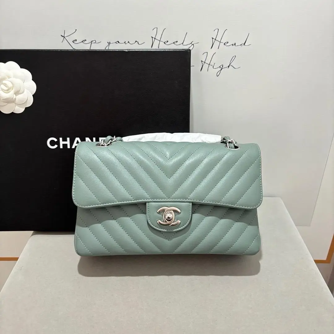 Pre-owned Chanel Classic Flap Small V Quilted Muted Green Leather Silver Hardware Crossbody Bag P07E19013