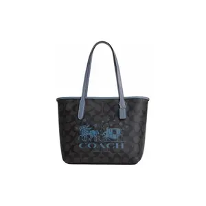 COACH City 23 Tote Bag with Carriage Print and Canvas Leather Trim for Women in Brown and Blue