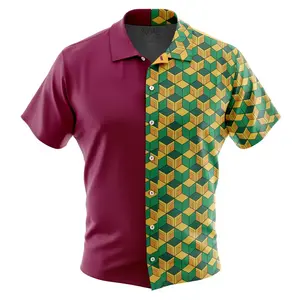 Giyu Tomioka Demon Slayer Button Up Hawaiian Shirt - Vibrant Green Yellow Geometric Print Casual Short Sleeve 65% Polyester 35% Cotton Blend for Summer Anime Vibe