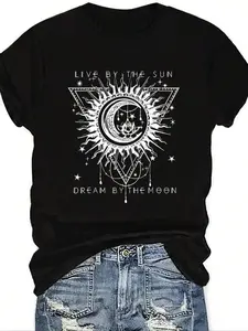 Women's Moon & Sun Print Round Neck Tee, Casual Streetwear Floral Graphic Short Sleeve Crew Neck T-Shirt for Summer, Fashion Women's Top for Daily Wear