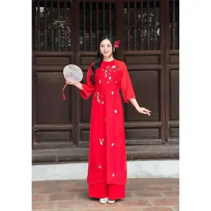 Red Embroidered Floral Ao Dai | Vietnamese Modernized Dress | Áo Dài Cách Tân Đỏ H7