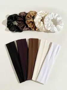 Women's Solid Color Retro Hair Accessories Set, Scrunchies & Sports Headbands Combo, Elastic Hair Accessory, Breathable Sweat-Absorbing Design for Daily/wear & Ponytail Hairstyle