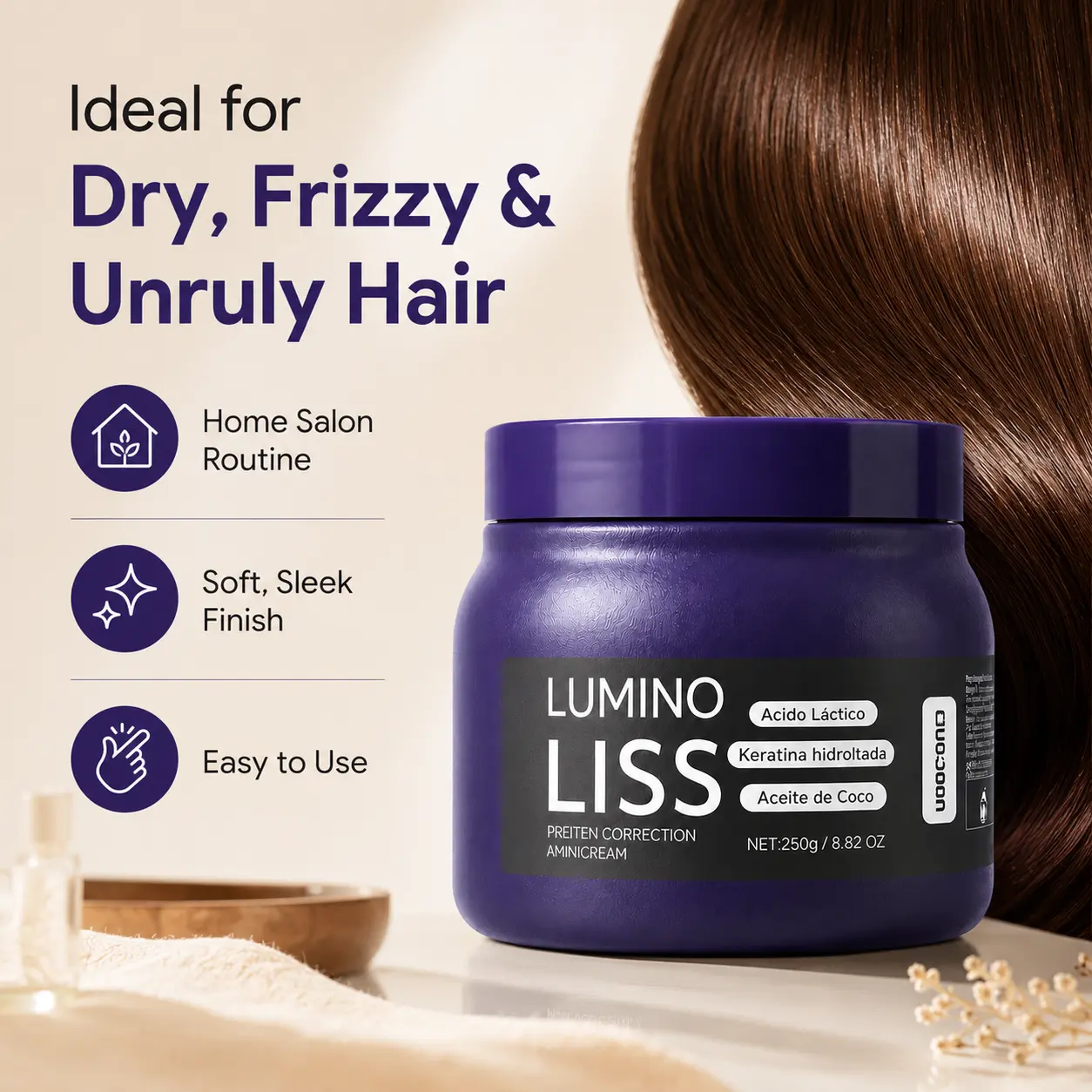 Protein Correction Hair Cream with Keratin, Lactic Acid & Coconut Oil, Moisturizing Smoothing Haircare for Dry, Frizzy Hair, Adds Softness & Shine, 8.82 oz, Hydrating, Moisture, Curly Hair