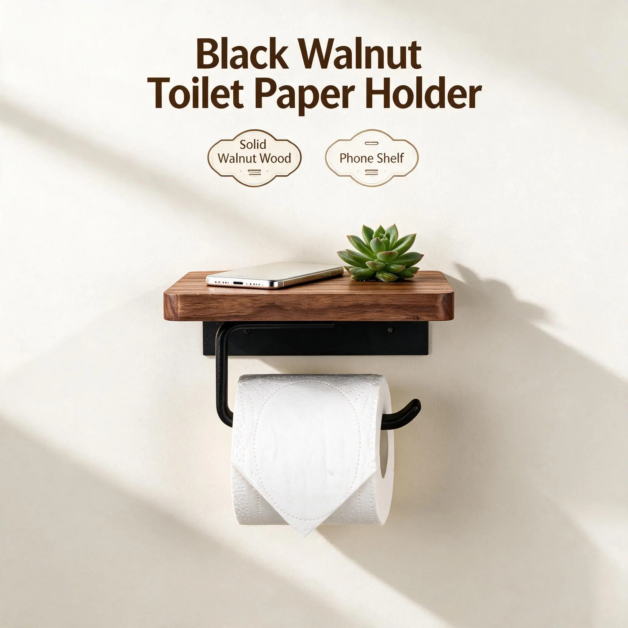 Black Walnut Toilet Paper Holder with Shelf, Wall Mount Wooden Toilet Roll Holder with Phone Shelf, Matte Black Metal Bathroom Tissue Organizer, 2 Installation Methods Drill-Free Adhesive & Screw, Rustic