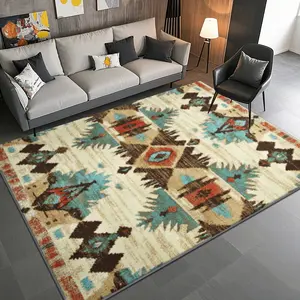 Velvet Soft Comfortable Ethnic Pattern Print Vintage Boho Rug, Home Decor Carpet, Living Room Large Mat Sofa Pad Door Mat Coffee Table Bedside Mat