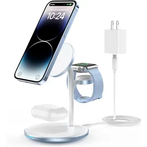 3 in 1   Station for  Devices, 15W Fast  Mag-Safe Charger Stand with 20W Adapter for  16 15 14 13 12 Pro Max/Plus/Pro/Mini,iWatch Ultra 1,2,S9., AirPods(Light Blue)