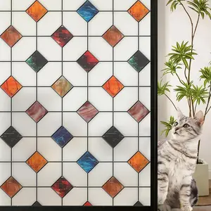 Stained Glass Window Film Geometric Patterns, Fine Frosted Window Clings for Glass Windows,  for Bathroom Window  Film Day and Night (S533, 17.7in X 78.7in)