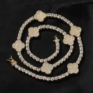 【PANG Jewelry】Luxury-Style Four-Leaf Clover Patched Zirconium Stone Tennis Chain Bracelet - The Same Design for Both Men and Women - High-End Necklace