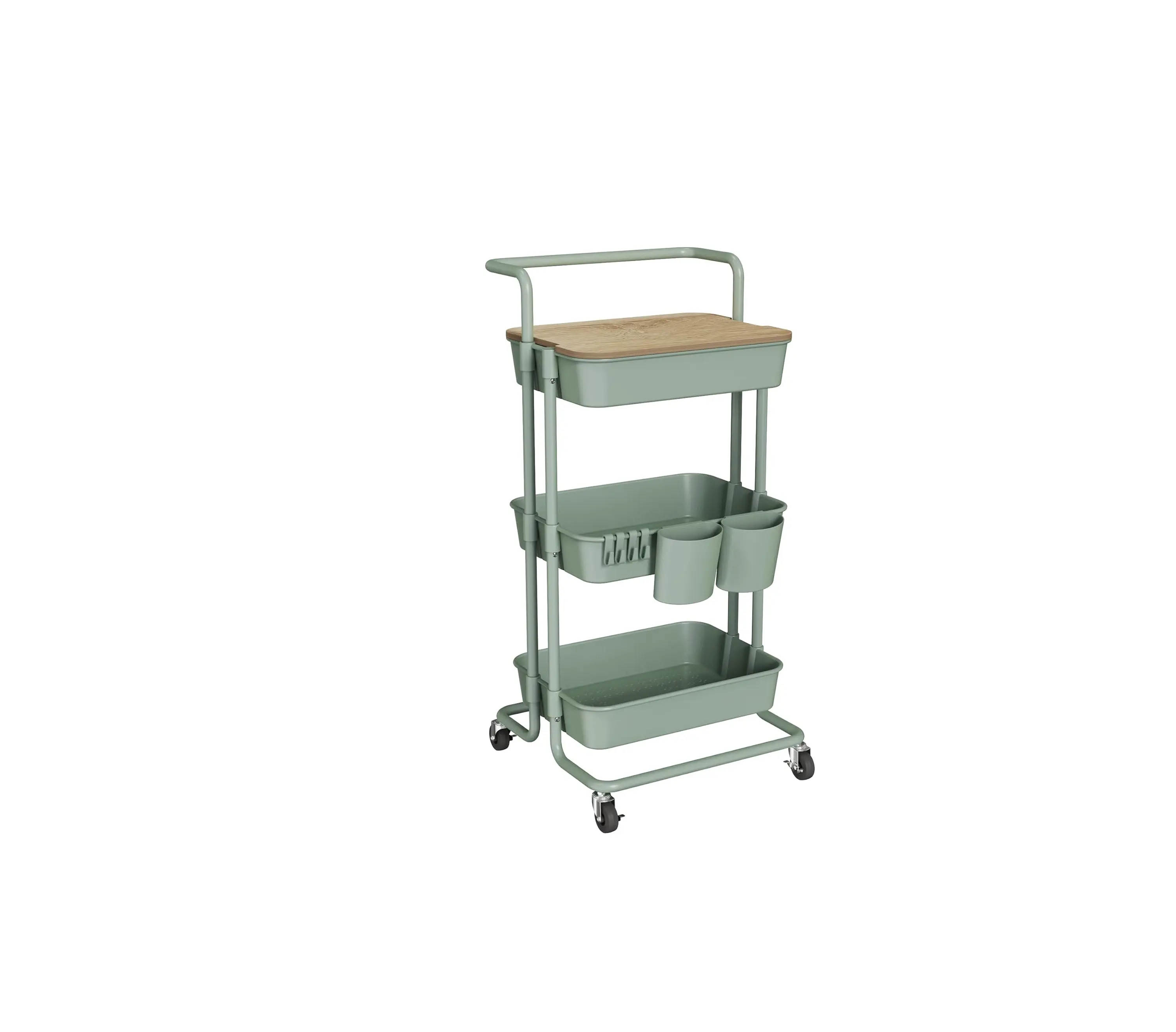 DTK 3 Tier Rolling Utility Cart with Cover Top Board, Movable Kitchen Storage Cart Trolley with Lockable Wheels, Cups, Hooks for Kitchen Bathroom Home Office Art Craft Storage(Turquoise/Green)