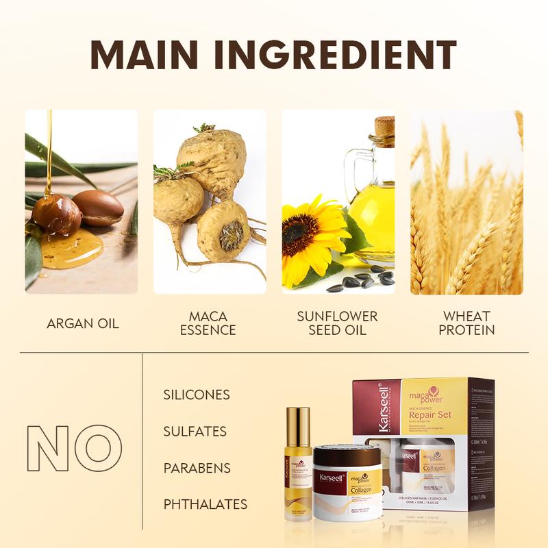 Karseell Collagen Hair Care Deep Moisturizing Mask + Argan Oil Treatment Set for All Hair Types 16.9 fl oz + 1.69 fl oz Haircare Repair Smooth Conditioner Hydrate Hydrating