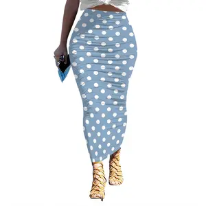 Polka Dot High Waist Ruched Bodycon Maxi Skirt Stretchy Casual Party Skirt