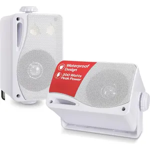 3-Way Weatherproof Outdoor Speaker Set - 3.5 Inch 200W Pair of Marine Grade Mount Speakers - in a Heavy Duty ABS Enclosure Grill - Home, Boat, Poolside, Patio, Indoor Outdoor Use -PLMR24 (White)