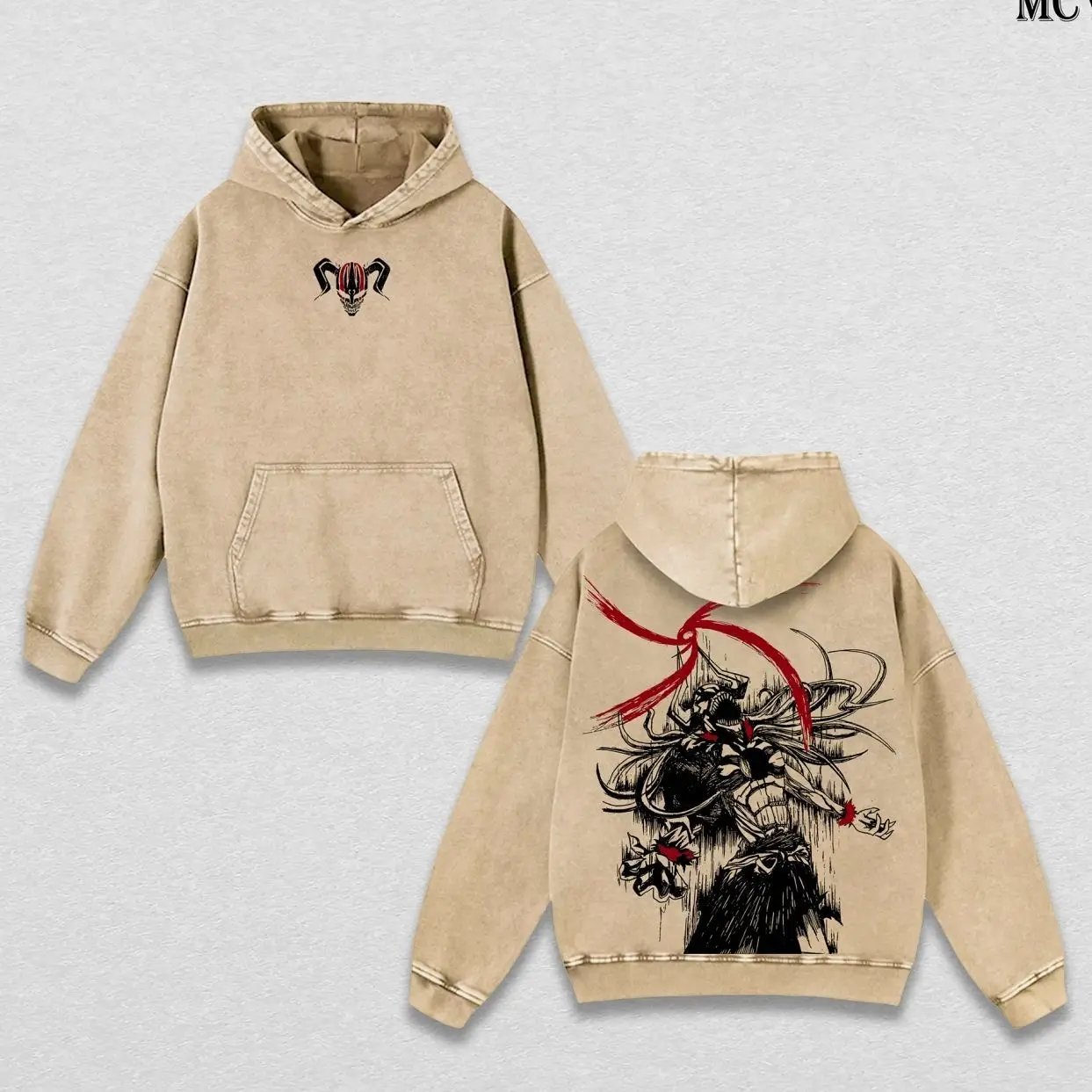 Ichigo Kurosaki Bleach Tee & Hoodie Washed – Vintage Oversized Heavy Cotton Anime Manga Hoodie & T-Shirt, Double Printed Retro Unisex Streetwear Graphic Top, Soul Reaper Bankai Edition, Japanese Anime Merch DU7