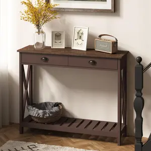 ChooChoo Farmhouse Console Table with Drawer for Entryway, Narrow Long Entry Table with Shelf for Living Room, Rustic Vintage Hallway Sofa Table with Stable X Supports, 40 Espresso