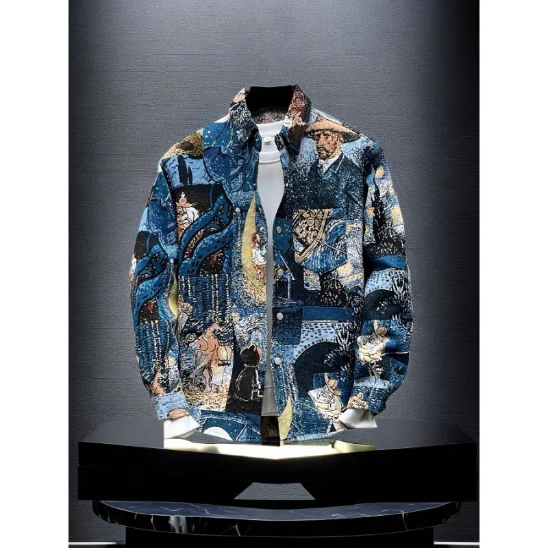 Van Gogh Pearson OBM Men's JF422873 Slim-Fit Embroidered Jacquard Long Sleeve Shirt Casual Street Style Button-Up Polyester Top Multicolor Fathersdaygift