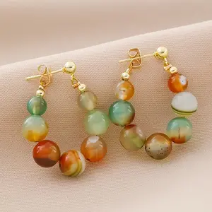 A Pair of Vintage Elegant And Vibrant Colored Agate Bead Drop Earrings for Women, Suitable for Festivals, Birthdays, Dates, Parties, Vacations, Shopping, And Daily Commuting Accessories (Natural Stone Colors May Vary Slightly).