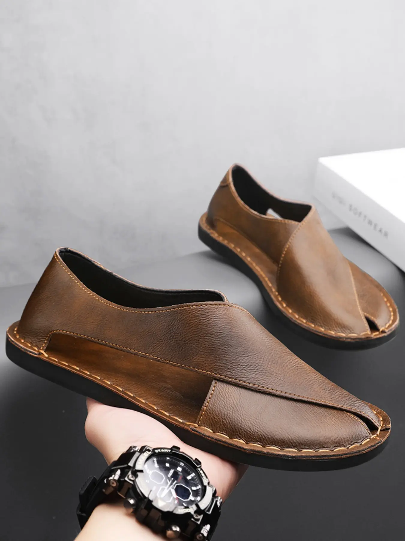 Men's Fashion Handmade Sandals, PU Leather Sandals, Outdoor Beach Shoes, Large Size Casual Summer Shoes for Daily Wear, Comfortable Breathable Anti-Slip Footwear