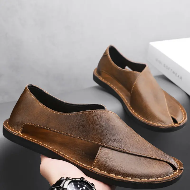 Men's Fashion Handmade Sandals, PU Leather Sandals, Non Slip Sandals, Outdoor Beach Shoes, Large Size Casual Summer Shoes for Daily Wear, Comfortable Breathable Anti-Slip Footwear