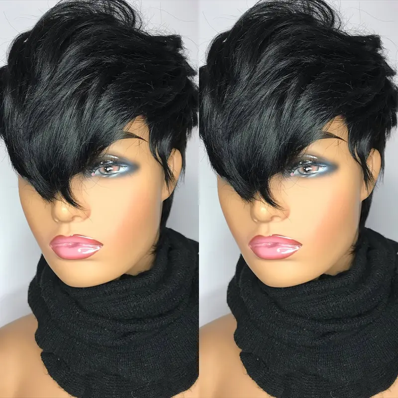 ShowRealHair 0509 Kelly Cut Pixie Cut Wig Salon Style Kelly cut Wigs for Black Women Human Hair Pixie Cut Short Bob Wig Human Hair None Lace Front Wigs with Bangs Glueless Full Machine Made Wig