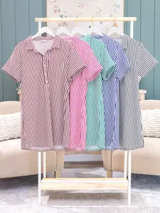 Zenana Stripe Collared Half Button Up T Shirt Dress | S-L