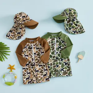 Male Infant Deer Camouflage Swimsuit with Sun Hat - Half Zip Long Sleeved UV Resistant Neck Cap Boys' Vacation Set 0-3 Years