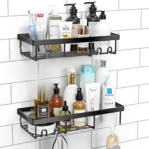 Shower Caddy Shelf Organizer Rack, Self Adhesive Black Bathroom Shelves Basket, Home Farmhouse Wall Inside Organization and Storage Decor Rv Accessories, First Camper Apartment Essentials Smooth Mount Transparent