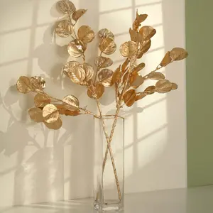 2-Pack Artificial Round Eucalyptus Leaf Branches Metallic Gold - Lifelike Faux Stems for Modern Centerpieces & Floral Arrangements 27"