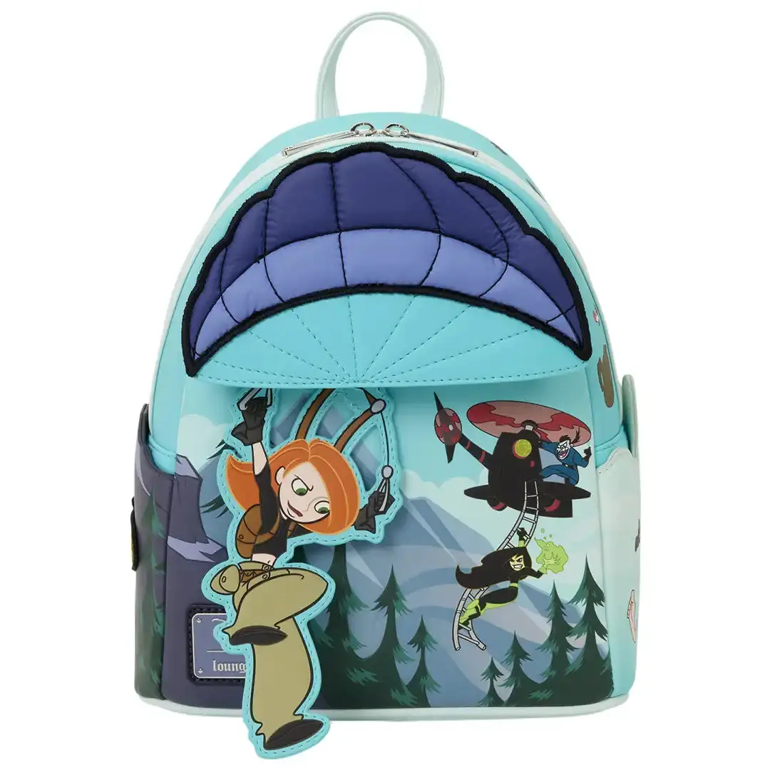 Official Disney Kim Possible Quilted Faux Leather Mini Backpack - Everyday Carry, Casual, 9” w x 10.5” h x 4.5” d, Paragliding Scene, Interactive Moving Rivet, KP Logo, Saving the World, Loungefly Design, Rufus Patch, Carrying Backpack, Versatile Backpack