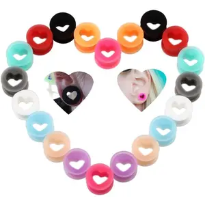 Colorful Heart Shaped Silicone Flexible Double Flared Round Ear Tunnels and Plugs Boho Style Hollow Ear Piercing Gauge Expander Stretching Tunnels Comfortable Soft Sleeper Ear Plugs