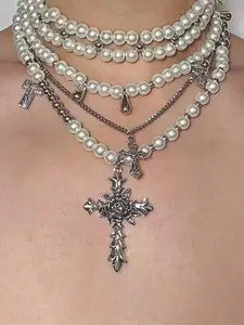 Five-Layer High-End Design Faux Pearl Silver Cross Stacking Necklace Unisex Jewelry Elegant Minimalist Silver Moon Pendant for Ladies