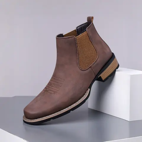 Men Low Heeled Bare Boots With PU Embroidery Pattern Design Square Toe Classic  Comfortable Men Western Cowboy Boots Rubber Closed Footwear Western Inspired Fall Boots