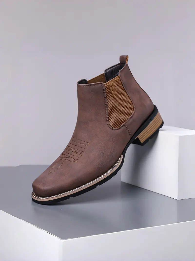 Men Low Heeled Bare Boots With PU Embroidery Pattern Square Toe Classic  Comfortable Men Western Cowboy Boots