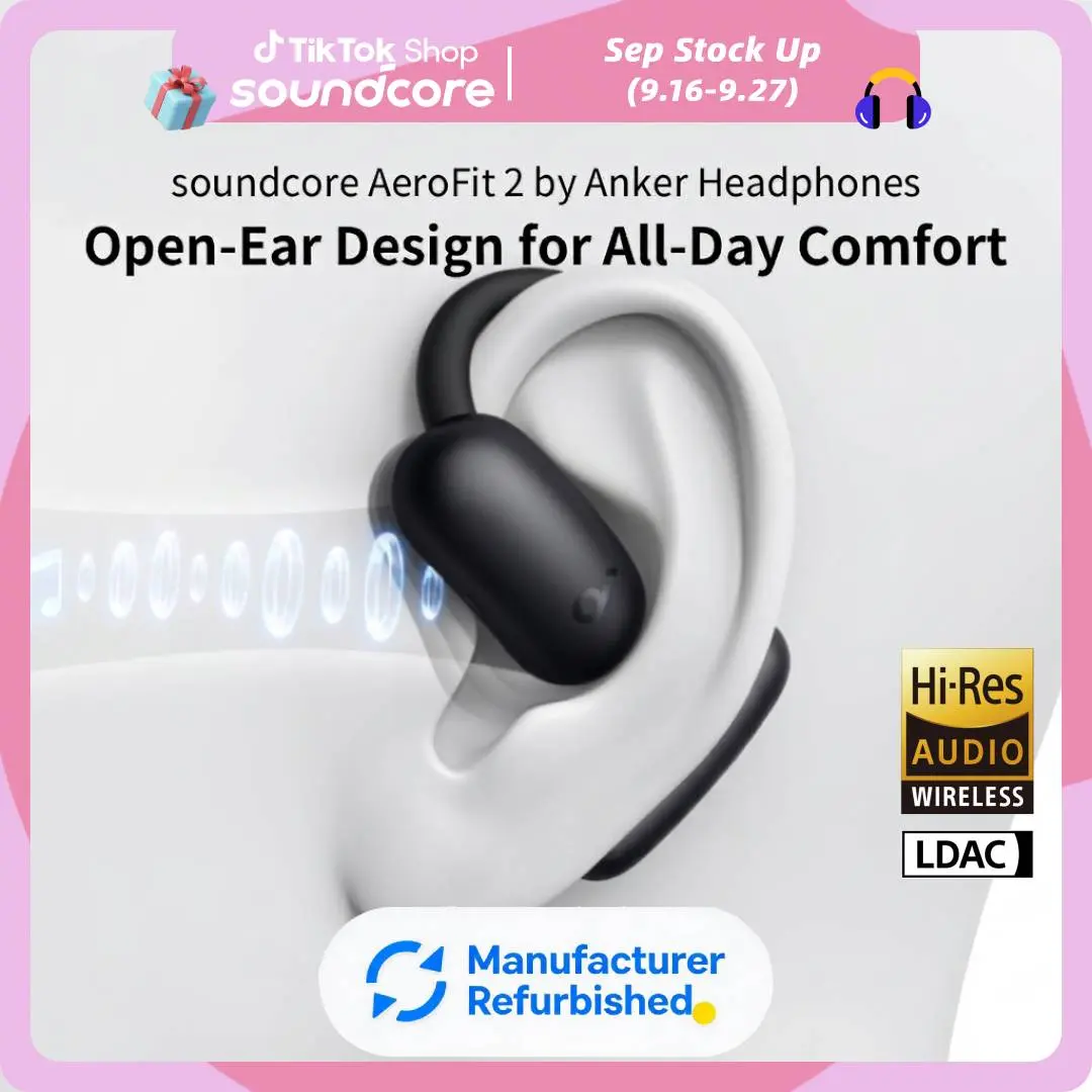 [Refurbished]soundcore AeroFit 2 by Anker, Open-Ear Headphones, 4 Adjustable Positions for Every Ear Size, 2× Richer Bass, Hi-Res, 42H Playtime, Clear Calls, IP55, Wireless Charging #tiktokshopsummersale
