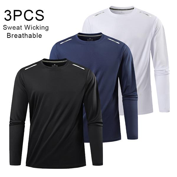 3-pack men’s crew-neck long-sleeve athletic T-shirts, moisture-wicking, quick-drying, breathable high-performance tees, lightweight sports tops suitable for gym workouts, running, fishing, and outdoor activities