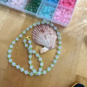 Light Scalloped Pink Shell Beaded Necklace, blue and green beads. Handmade in Jupiter,FL!