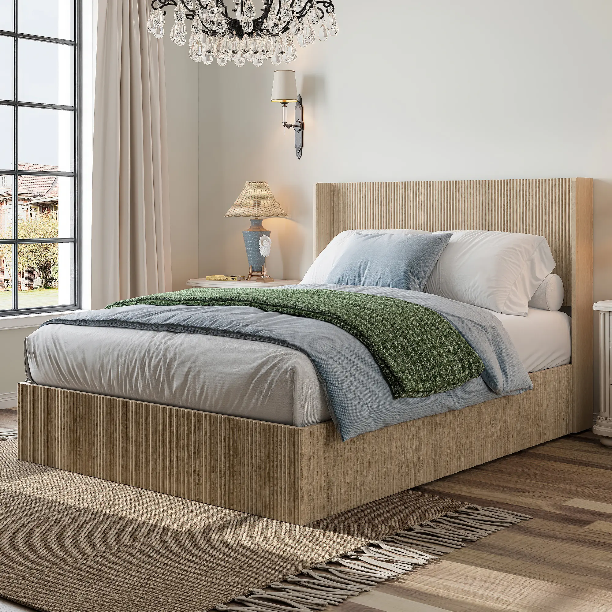 Oak Color Wooden Bed Frame - Undulated Raised Design, Grooved Base, Lift-Up Storage Function, No Box Spring Needed, Noise-Free Platform Bed