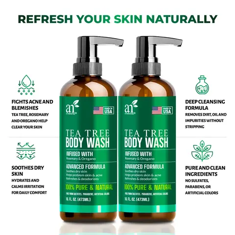 Antibacterial Tea Tree Oil Body Wash For Men & Women Remedy Soap Extra Strength (Pack of 2)