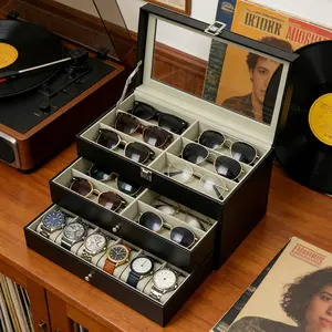 CNCEST Watch and Glasses Organizer Box 24 Compartments 3-Tier with Clear Glass Lid Lockable Accessories Storage Christmas Gift