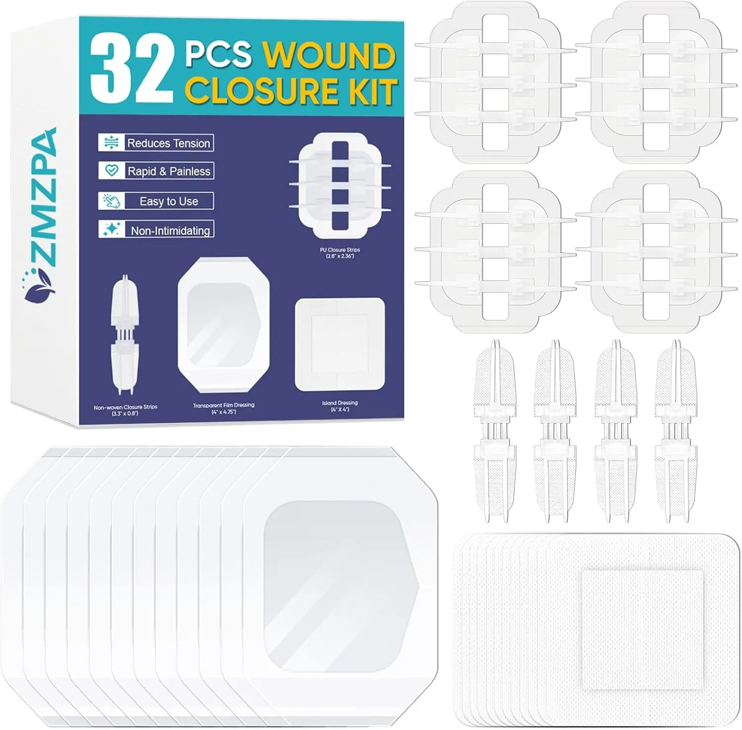 Zip Stitch Wound Closure Strips, 32 Pcs Laceration Closure Kit - 2 Types Butterfly Bandages for Wound Closure, Emergency Quick Clot Suture Kit Butterfly Bandaids