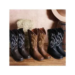 CowboyBootsForWomenSquareToeCowgirlBootsMidCalfWesternBootsPullOnFashionCowboyBoots