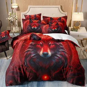 3-piece down duvet cover with red fur wolf pattern, breathable bedding set, machine washable, zippered, suitable for home decoration in bedrooms and guest rooms (1 * down duvet cover 2 * pillowcase, no down duvet core)